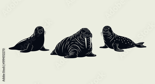 Three walruses sitting on ice together.