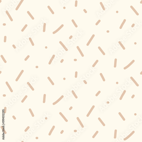 Beige small dash baby seamless pattern. Abstract brown nursery sprinkles background. Simple confetti repeated wallpaper. Short lines vector surface design. Simple repeat spots illustration design.