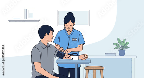 Nurse checking patient's blood pressure with stethoscope in clinic, medical checkup