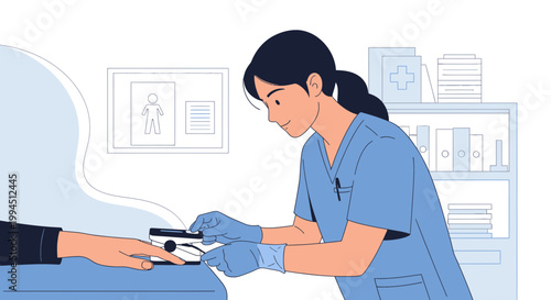 Nurse checking patient's oxygen saturation with pulse oximeter in clinic