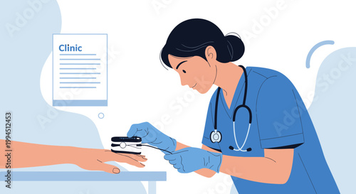 Nurse checking patient's oxygen saturation with pulse oximeter in clinic