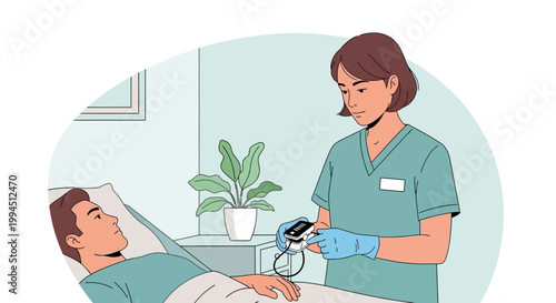 Nurse checking patient's oxygen saturation with pulse oximeter in hospital room