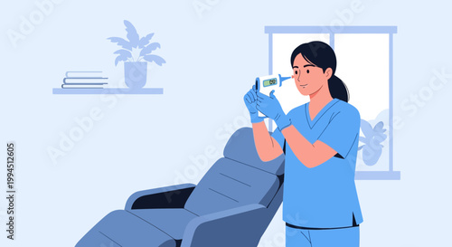 Nurse checking temperature with thermometer in clinic examination room