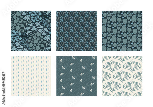 Seamless patterns with leaves and flower bed in a dark blue garden. Ogee and harlequin plant motifs in green as a vector surface set for wallpaper. Botanical leaves with flower and grid in cool tones.