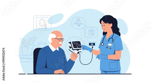 Nurse checks elderly man's blood pressure with digital monitor, healthcare concept