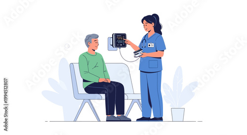 Nurse checks patient's blood pressure in clinic, healthcare, medical checkup illustration