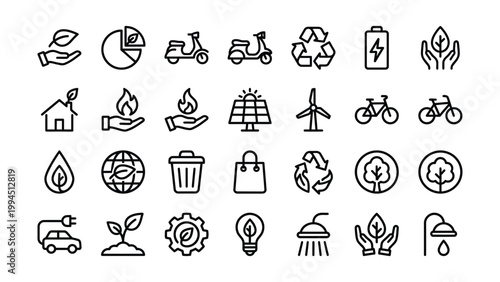 Collection of hand-drawn eco-friendly and green energy icons with pie chart solar panel wind turbine trash can shopping bag light bulb street light illustration electric cogwheel environment