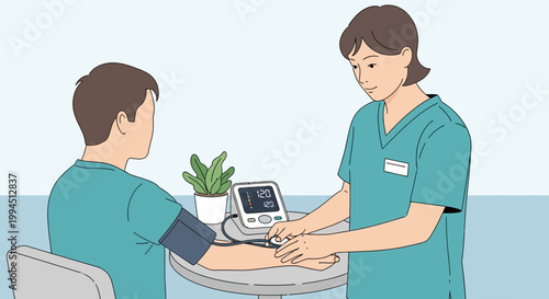 Nurse checks patient's blood pressure with digital monitor, healthcare concept