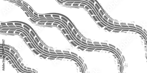 Black tire marks on road, Black rubber tire marks and tread marks, Tire trace track wheels texture and background, Auto tire tread grunge. Eps10