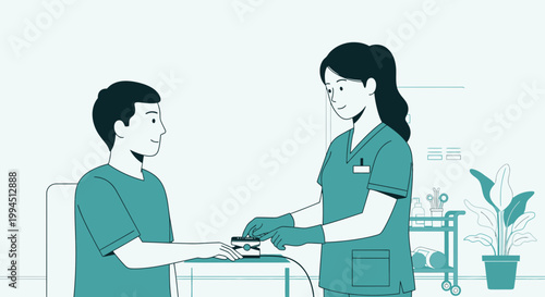 Nurse checks patient's blood sugar with glucometer in clinic