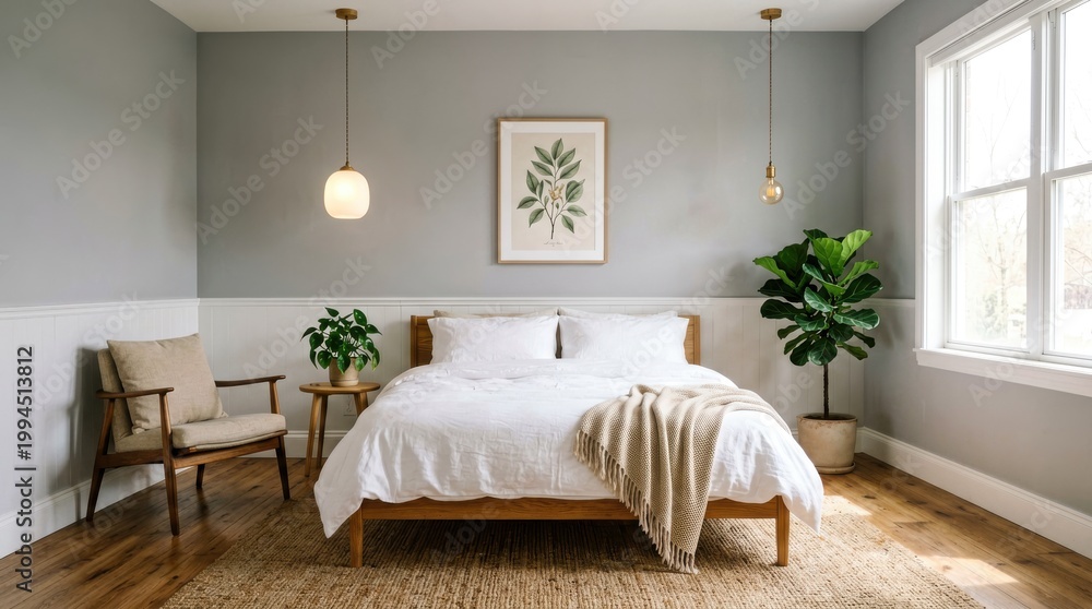 Naklejka premium Minimalist Bedroom with Wooden Bed and Natural Light