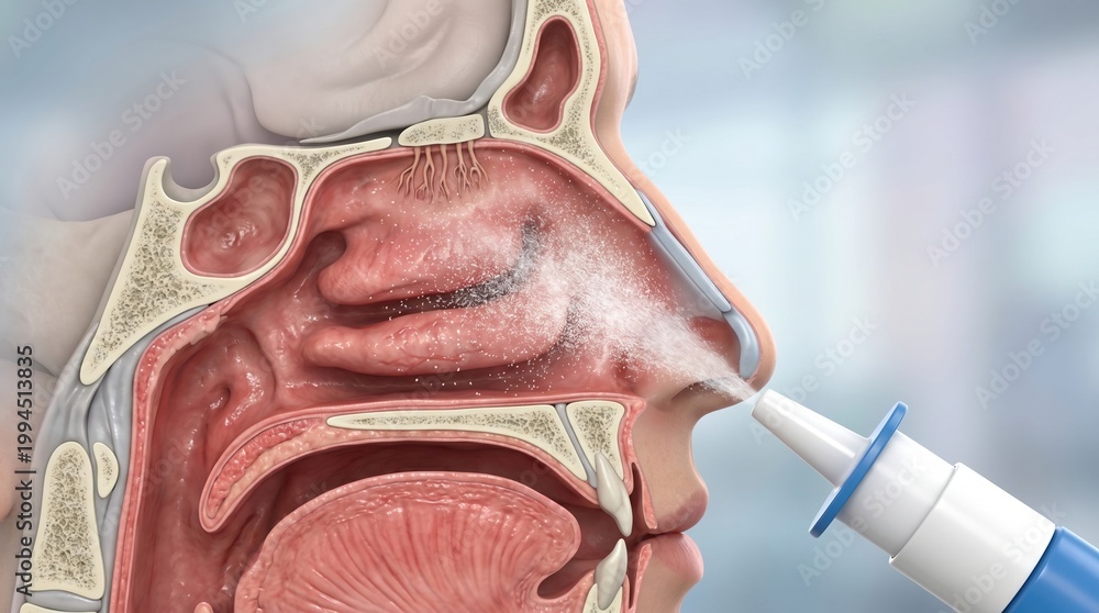 Fototapeta premium Close-up 3D illustration of nasal cavity with spray being administered
