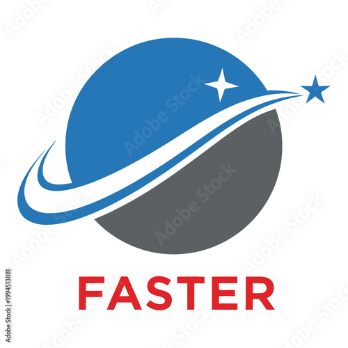 Planet with ring and stars logo with red word Faster icon