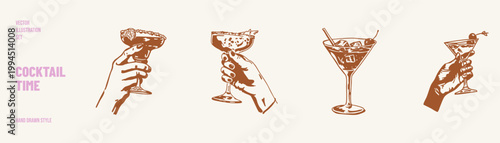 Cocktail glasses and hands holding drinks festive set. Illustrations for bar branding and menu design. Hand drawn sketch, pencil style with bold decorative strokes.