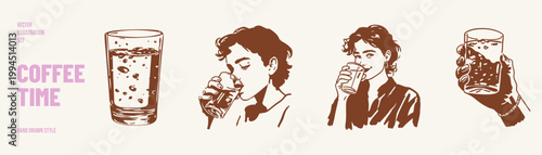 Refreshing drink glass and people enjoying beverage moments. Illustrations for cafe menu and lifestyle branding. Hand drawn sketch, pencil style with clean minimal outlines.