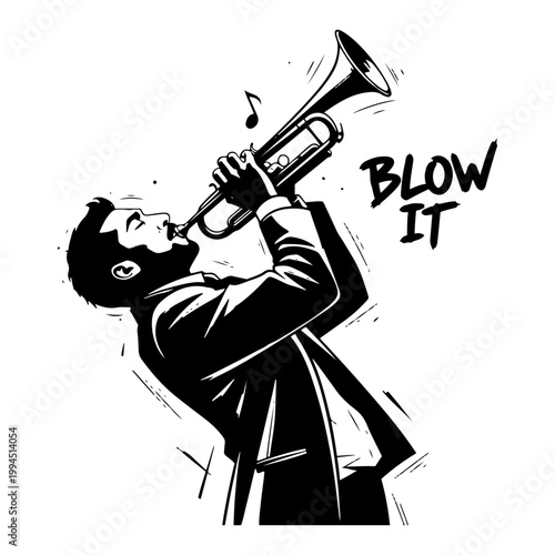 Canvastavla Jazz musician playing trumpet with blow it text in a bold black and white vector