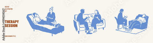 Psychotherapy couch session with therapist and resting patient. Illustrations for psychology education and wellness platforms. crayon drawn sketch, pencil style with soft organic contours.