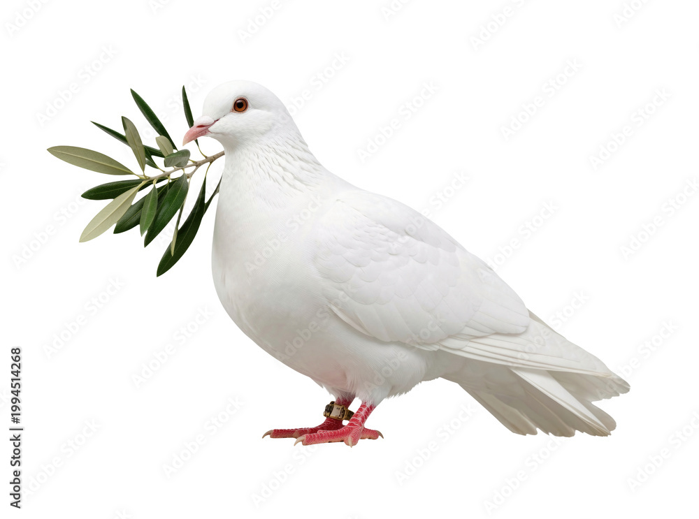 Obraz premium A serene image of a white dove holding a green twig in its beak, suggesting peace and harmony