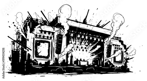 Large music festival stage with speakers and lighting in expressive black and white ink sketch style