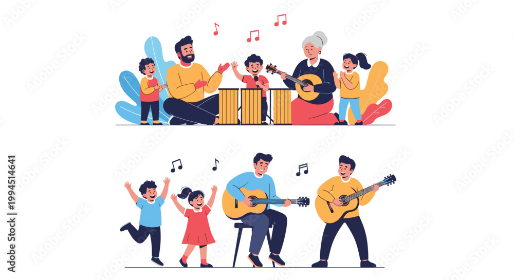 Fototapeta premium Two scenes showing families with children and grandparents playing musical instruments and dancing together in a happy atmosphere.