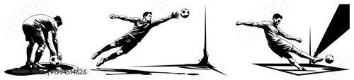 Foto Football soccer player shooting ball and goalkeeper diving to save in monochrome