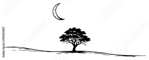 Photos Lone tree standing on a hill under a crescent moon in minimalist line art style