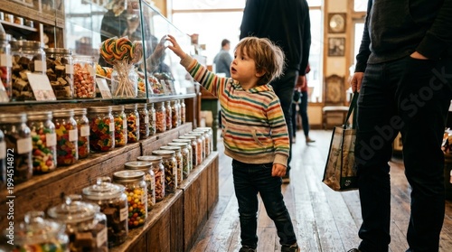 Young caucasian boy reaches for candy in colorful sweet shop display