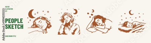 Sleeping people night rest calm dreams illustration set. Illustrations for wellness content and bedtime concepts. Hand drawn sketch, pencil style with soft flowing lines.