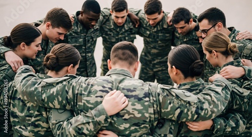 Diverse Military Personnel Engaged in Team Meeting for Strategy Development and Support in Camouflage Uniforms