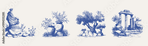 Vintage classical garden scenes statue, urns, trees, ruins sketch set. Illustrations for wallpaper and invitations, hand drawn pencil style with refined line texture and subtle crosshatching.