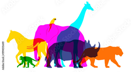 Colorful Overlapping Wildlife Animal Silhouettes Professional Vector Illustration for Diversity and Nature Conservation Branding