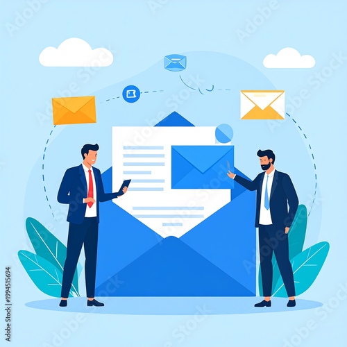 Businessmen discuss email marketing strategy.
