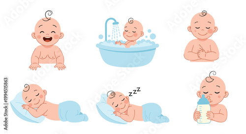 Adorable set of illustrations showing a baby's daily activities such as bathing, playing, sleeping, and drinking from a bottle.