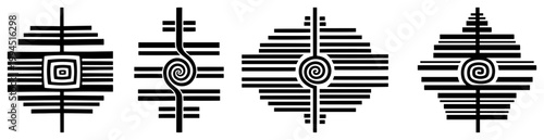 Abstract ethnic symbols featuring horizontal lines and spirals in minimalist tribal style