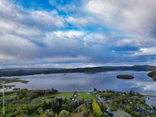 April 19th, 2026. Aerial View of Balmaha Valley Glasgow Landscape During Sunset Time. The village is a popular tourist destination for picnickers and day trippers from Glasgow