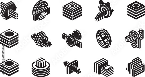 Geometric shapes and icons in black and white