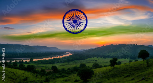 India independence day vibrant tricolor against a scenic sunset landscape
