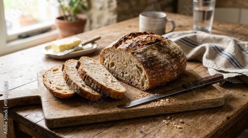 Freshly baked artisan sourdough bread on rustic wooden table with butter and knife