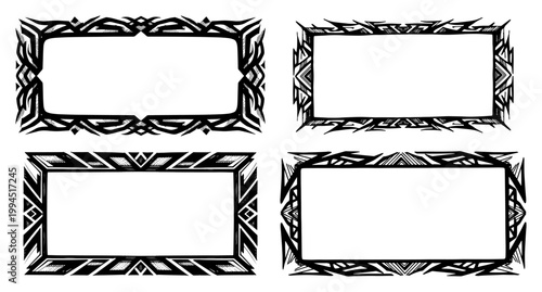 Tribal tattoo frames with sharp geometric ornaments in bold black and white vector style