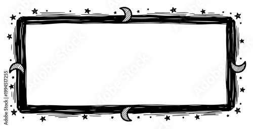 Celestial frame with moon and star decorations in hand drawn sketch style