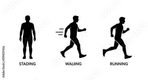 Silhouettes of a person in different stages of motion standing, walking, and running