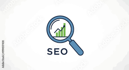SEO marketing concept icon magnifying glass analyzes an upward bar chart. Represents strategic data analysis, online growth, and improved website visibility for digital business