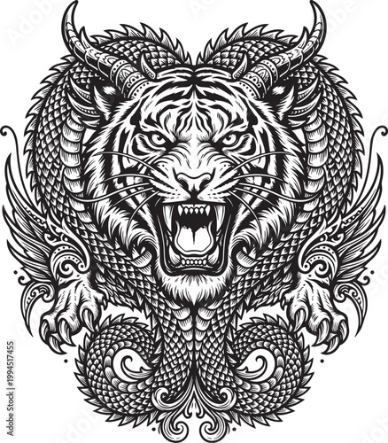 Ancient tiger dragon hybrid with scales horns and wings in ornate mythological beast line art style - Adobe Illustrator Artwork