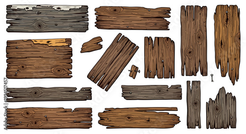 Collection of weathered wooden planks and boards with distressed textures, perfect for rustic designs