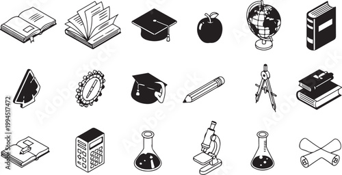 Education icons and school supplies in black
