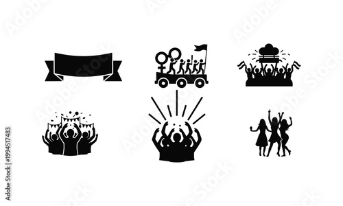 Celebration party vector silhouette illustration, line art set, festive event, white background.