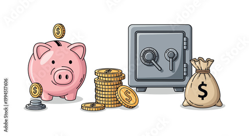 Piggy bank with coins and money.