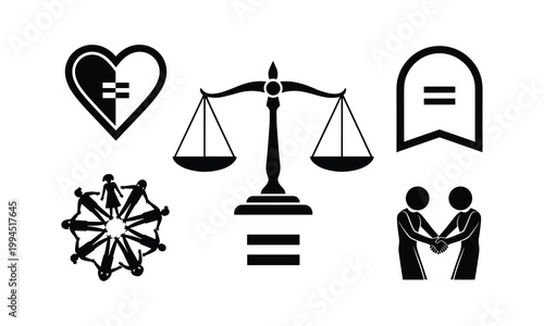 Equality justice vector silhouette illustration, line art set, human rights, white background.