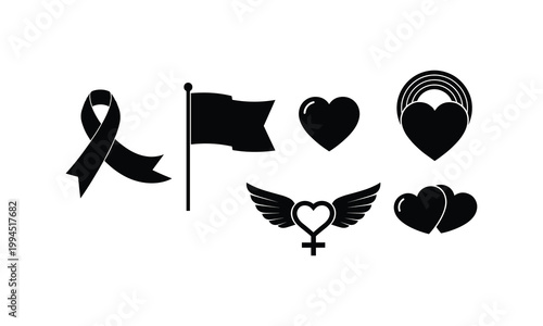 Feminist gender equal rights vector silhouette illustration, line art set, white background.