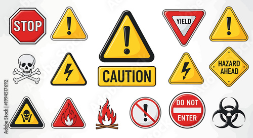 Collection of Warning Signs and Safety Symbols Including Stop, Caution, Hazard, Fire, and Biological Danger
